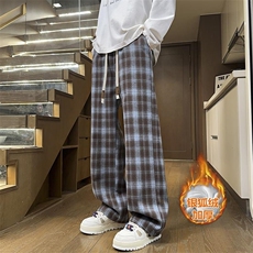 港风舒适加绒银狐绒直筒拖地格子休闲裤男K5653J加绒-特P35控68，男装卫衣，电商A001
