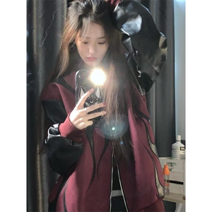 有货 酒红撞色拼接皮衣棒球服外套男女款春秋机车夹克J31HH-特P76图片