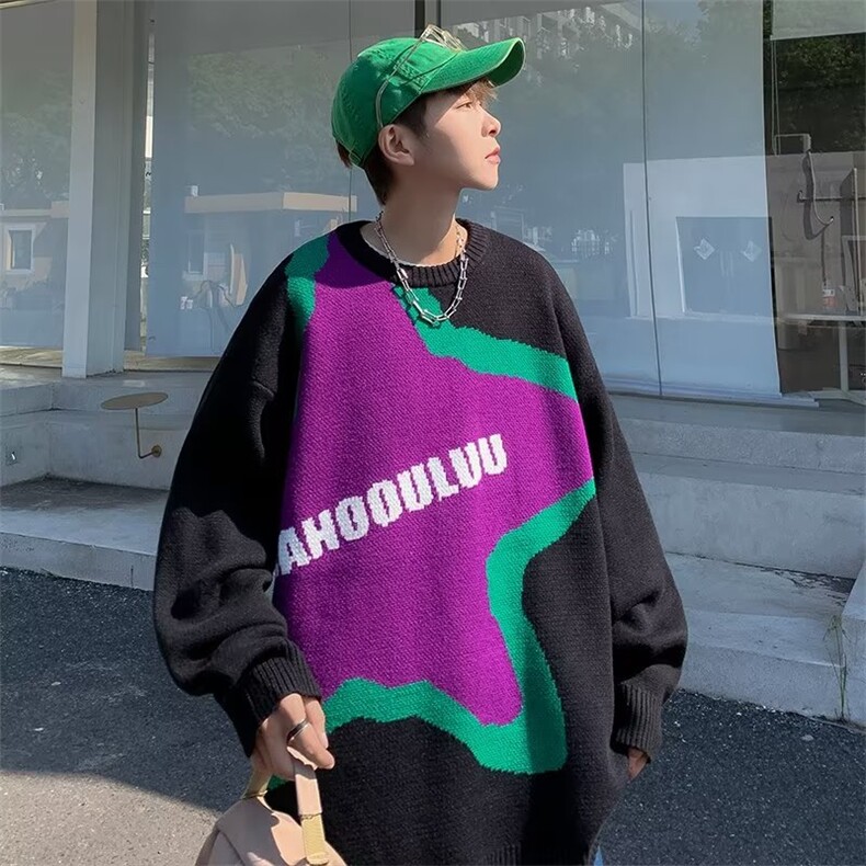 港风情侣街头嘻哈拼色星星提花圆领针织衫男潮牌宽松休闲百搭毛衣，男装针织衫/毛衣，四季星座218-1