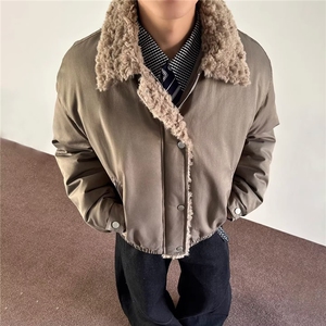 设计感老钱风新款冬季羊羔毛翻领保暖棉衣外套男女宽松棉服原宿