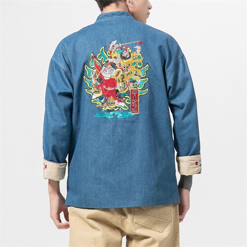 20秋冬大码唐装风牛仔夹克盘扣麒麟刺绣外套汉服JK17/P155,男装夹克,钱塘713