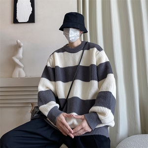 B227-P45 日系复古慵懒条纹毛衣男士秋冬季新款潮牌高级感针织衫图片