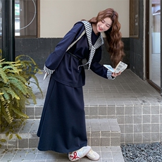 藏青色慵懒风连帽披肩卫衣套装裙女秋季2026新款休闲半身裙两件套，女装套装/套裙，2C159