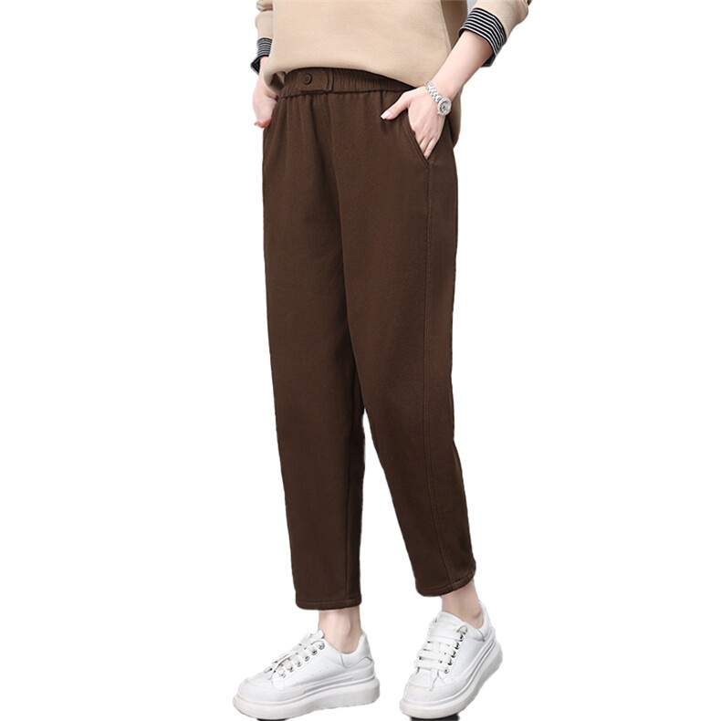 文艺百搭全棉加厚裤子休闲2023冬季松紧加绒哈伦老爹裤,女装休闲裤,涵誉