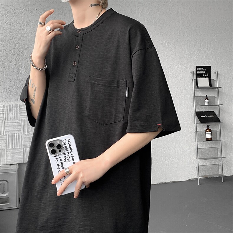 8XL-M亨利领亚麻短袖t恤男弹力大码宽松半袖开衩设计体恤DT002P45图片