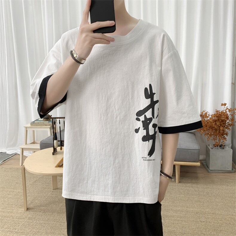 T8887P45新咖啡厅宽松休闲汉字印花百搭青年潮流棉麻风T恤,男装T恤,电商A026