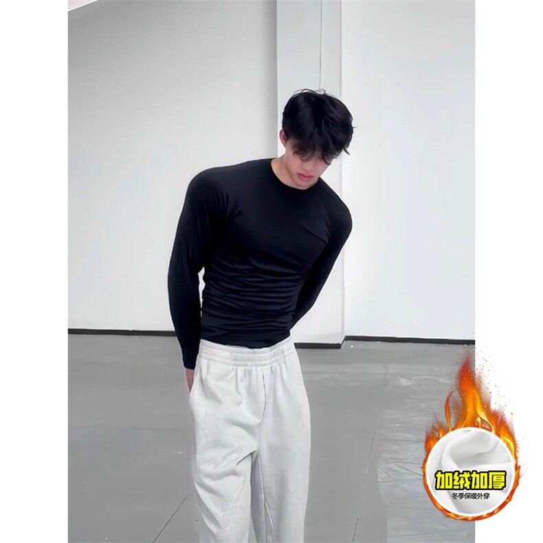 抖音得物高品质360克重磅加绒加厚德绒保暖长袖T恤纯色打底针织衫，男装T恤，电商A486