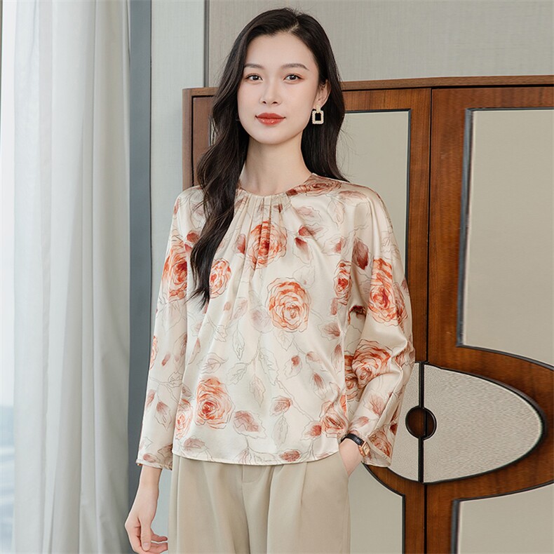 粉色印花高级春装新款真丝衬衫女洋气真丝套头圆领长袖上衣,女装衬衫,阿舍尔精品