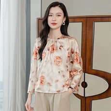 粉色印花高级春装新款真丝衬衫女洋气真丝套头圆领长袖上衣，女装衬衫，阿舍尔精品