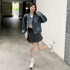 复古法式收腰压褶大摆裙黑色半身裙2025年开春新款女装显瘦伞裙女，女装牛仔外套，浙宝220