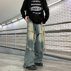 复古牛仔裤男潮牌阔腿裤宽松直筒裤美式高街百搭休闲长裤裤子，男装牛仔裤，星座716-2
