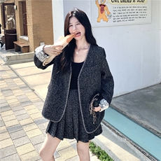 小香风蕾丝拼接浅灰色西装百褶裙套装女春秋小个子两件套ootd穿搭，女装套装/套裙，1D102-1