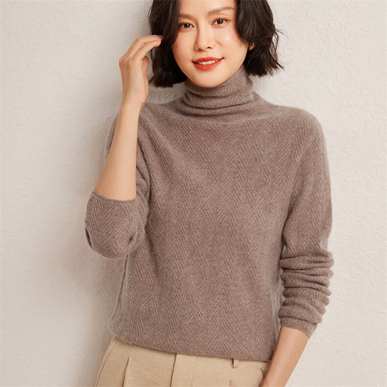 秋冬季35%羊绒65%羊毛休闲百搭12针全身菱形堆堆领羊绒衫,女装羊绒衫,广悦羊绒