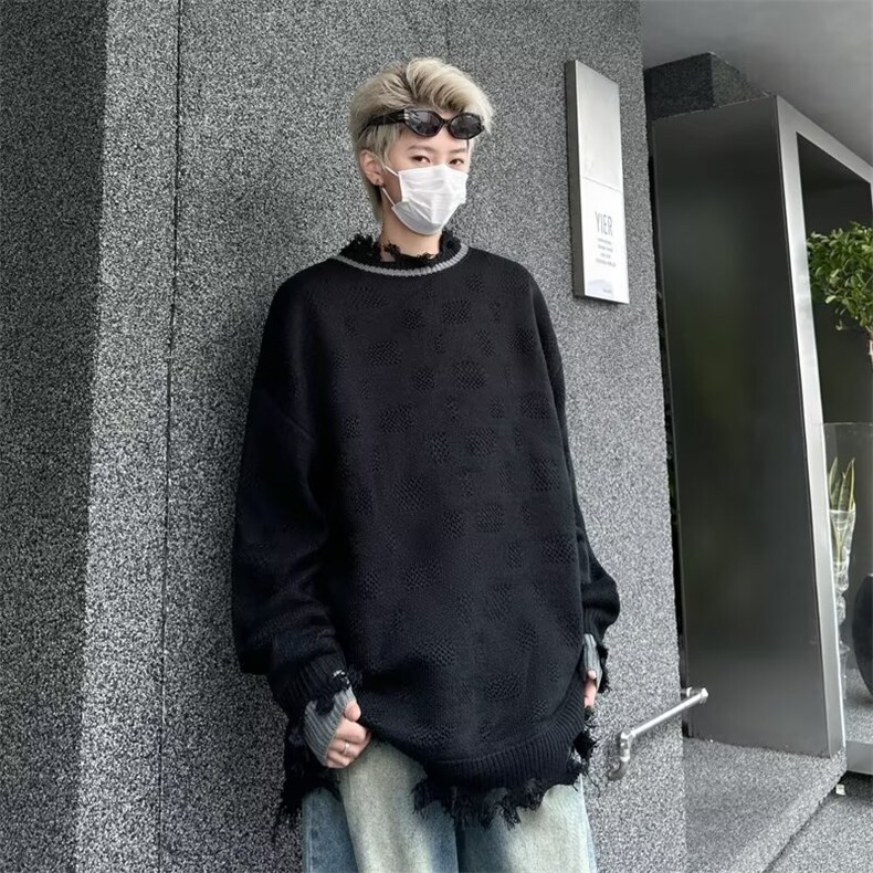 美式小众流苏破洞假两件毛衣男秋冬款宽松痞帅拼接套头针织衫7360,男装针织衫/毛衣,星座506
