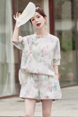 2024夏季新款盘扣中式复古印花外套松紧短裤套装，女装套装/套裙，曼娅璐