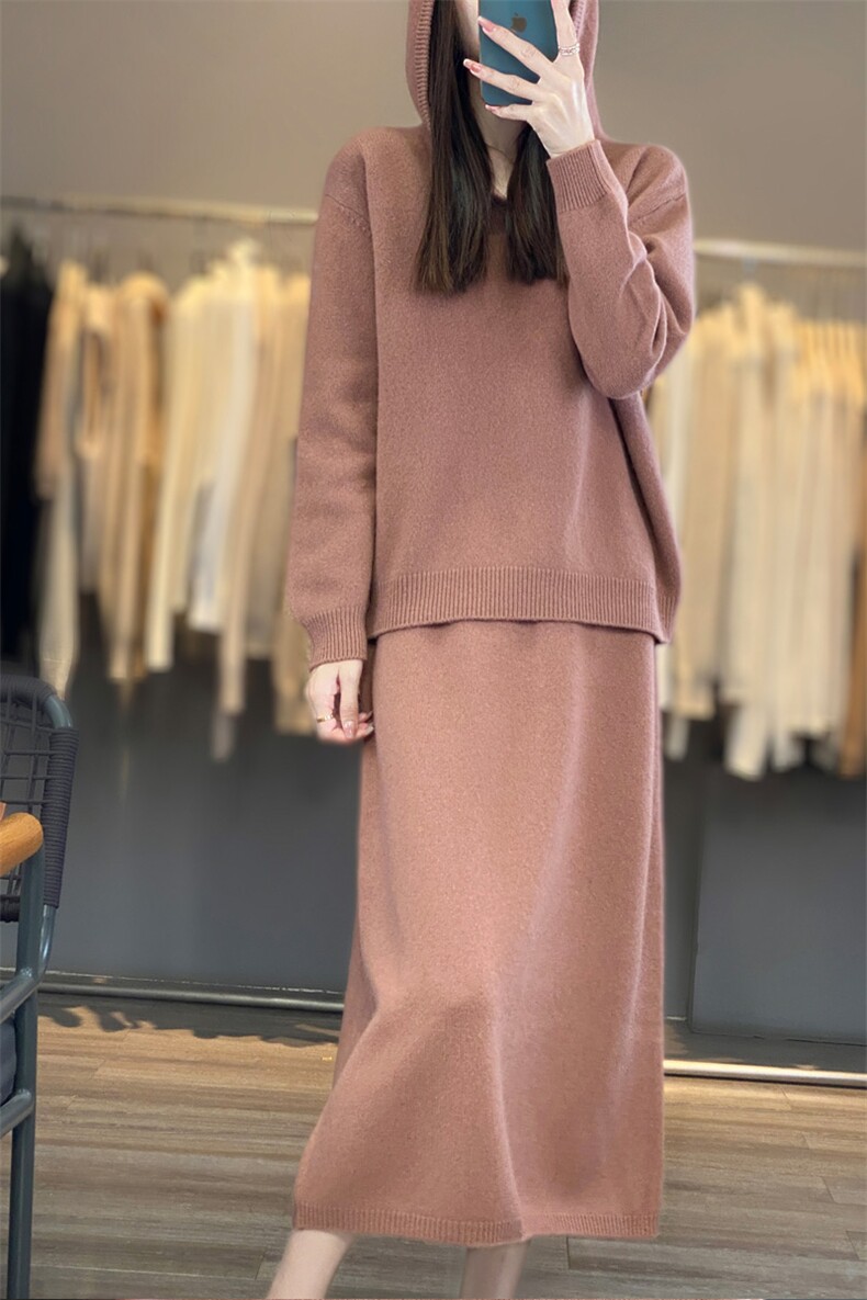 时尚简约一粒扣连帽毛衣套装显瘦百搭针织裙两件套,女装套装/套裙,宛庄羊绒
