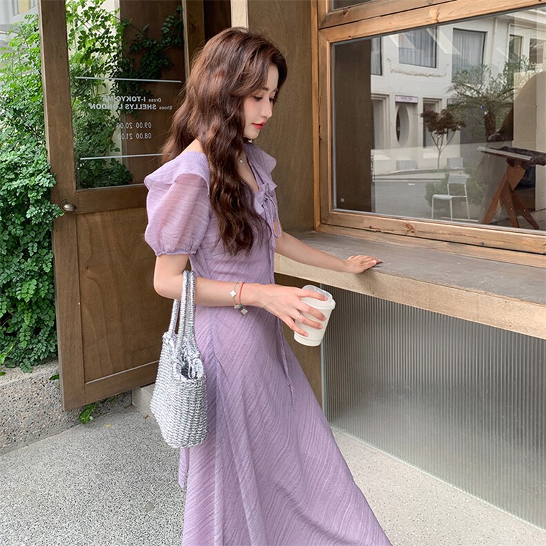 气质长款V领荷叶边温柔连衣裙女夏季2025文艺日系绝美高级感长裙,女装连衣裙,浙宝305