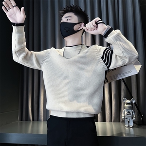 痞帅炸街男士圆领拼色条纹毛衣社会小伙店主风301C-M85-P78-控108