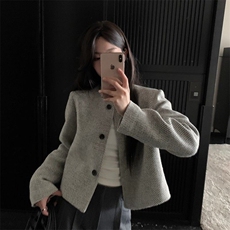 复古圆领单排扣上衣女条纹宽松毛呢小香风外套，女装短外套，星座506A