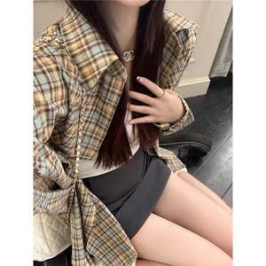 韩系复古慵懒风格子衬衫女早秋新款宽松百搭气质休闲防晒上衣外套图片