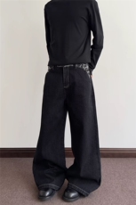 美式水洗原牛黑豹纹拼接口袋直筒牛仔裤男女街头百搭宽松拖地长裤，男装牛仔裤，星座302B-2