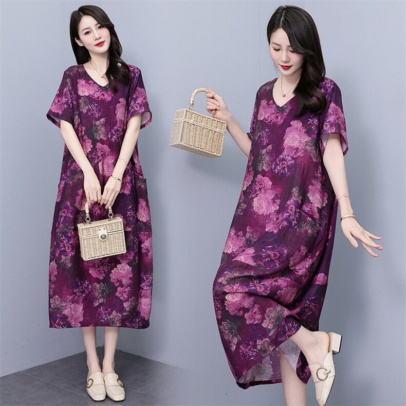 复古棉麻连衣裙女夏季2025新款洋气妈妈宽松休闲印花色遮肉直筒裙，女装连衣裙，香香