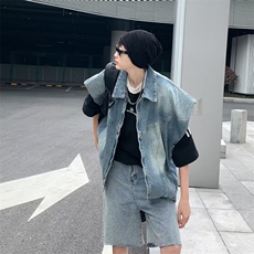 新款嘻哈气质单排扣夏季翻领男垫肩高棉水洗马甲牛仔布BK026P75，男装背心/马甲，星座1116-2