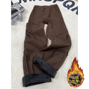 B221 美式ins高街斜切宽松加绒洗褪工装牛仔裤LK25602-特P60控108图片