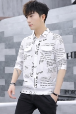 中袖衬衫韩版宽松发型师多字母印花社会英伦风五分袖衬衣778，男装衬衫，星座1207