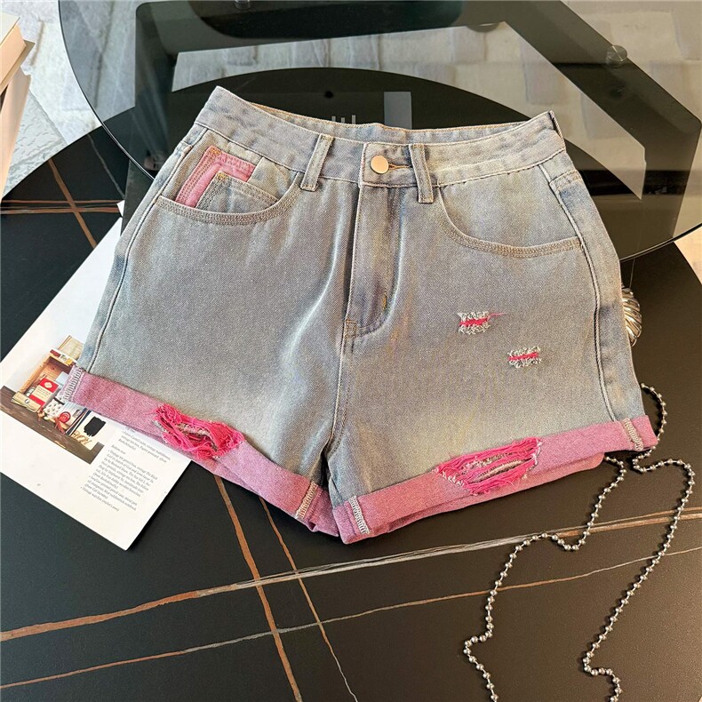 时尚简约套装女夏宽松显瘦玫红色圆领短袖上衣破洞牛仔短裤两件套,女装套装/套裙,江南