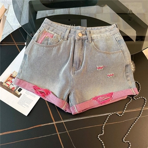时尚简约套装女夏宽松显瘦玫红色圆领短袖上衣破洞牛仔短裤两件套图片