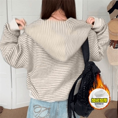 480G重磅加绒硬挺boxy男女秋冬美式高街条纹毛呢卫衣开衫厚外套，女装短外套，电商A486-1
