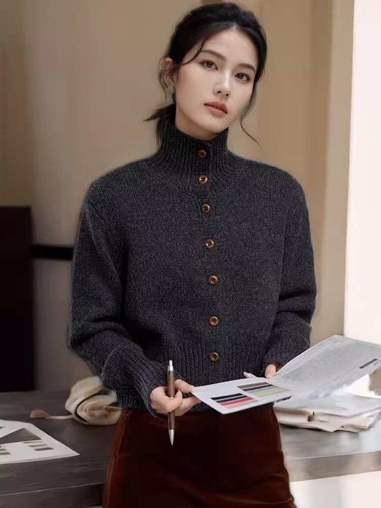 开衫立领长袖单排扣简约短款纯色2024年秋季针织衫,女装羊毛衫,德聚羊绒