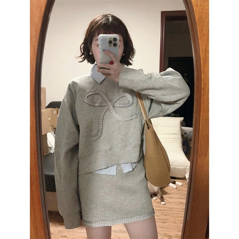 2025春款宽松卫衣搭衬衫设计感短款上衣小个子半裙二件套装,女装套装/套裙,星座506A