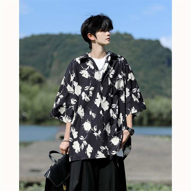 水墨花卉短袖花衬衫冰丝度假痞帅衬衣高级感夏威夷外套DC5015/P35,男装衬衫,电商B238