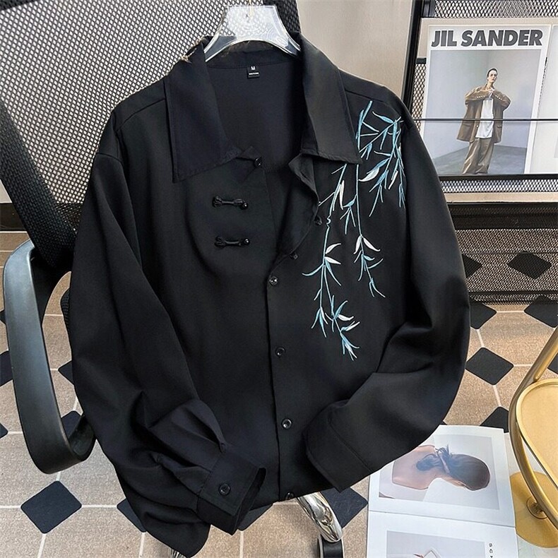 DC512-P45新中式风盘扣刺绣长袖衬衫男设计感高级唐装衬衣春,男装衬衫,星座603-2