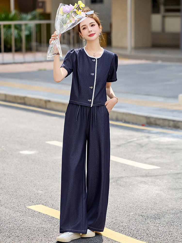 复古减龄天丝牛仔套装女2025夏季新款休闲短袖上衣阔腿长裤两件套,女装套装/套裙,芭米依尚