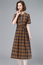 2021夏季新款时尚气质V领格纹修身中长款连衣裙，女装连衣裙，简韵佳