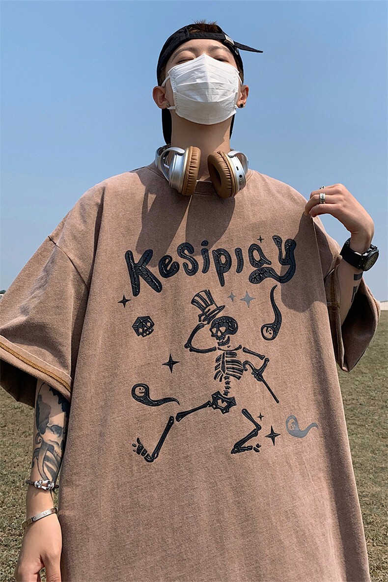 重磅240克水洗T恤XY5100-TP35控48港风个性拉浆印花宽松上衣男,男装T恤,电商A102-1