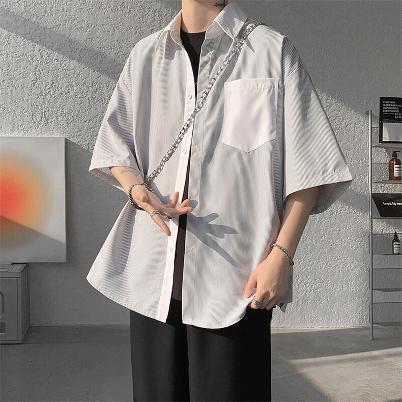 仓库现货CS1120-特批25条纹撞色拼接百搭痞帅大码短袖衬衫,男装衬衫,电商A059