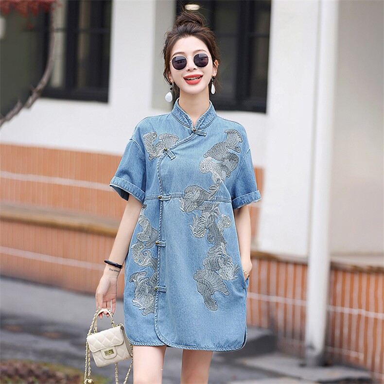 2025新款夏季新中式国风盘扣牛仔连衣裙女优雅复古气质感旗袍裙子,女装连衣裙,钱塘布衣