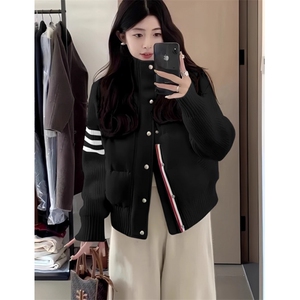 白色休闲羽绒棉服女秋冬短款白色立领保暖针织外套 M619图片