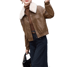 现货海宁f仿真皮皮衣女加绒加厚短款2024冬季新款女士宽松皮外套，女装皮衣，江南女神