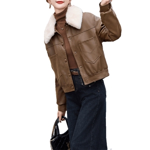 现货海宁f仿真皮皮衣女加绒加厚短款2024冬季新款女士宽松皮外套图片