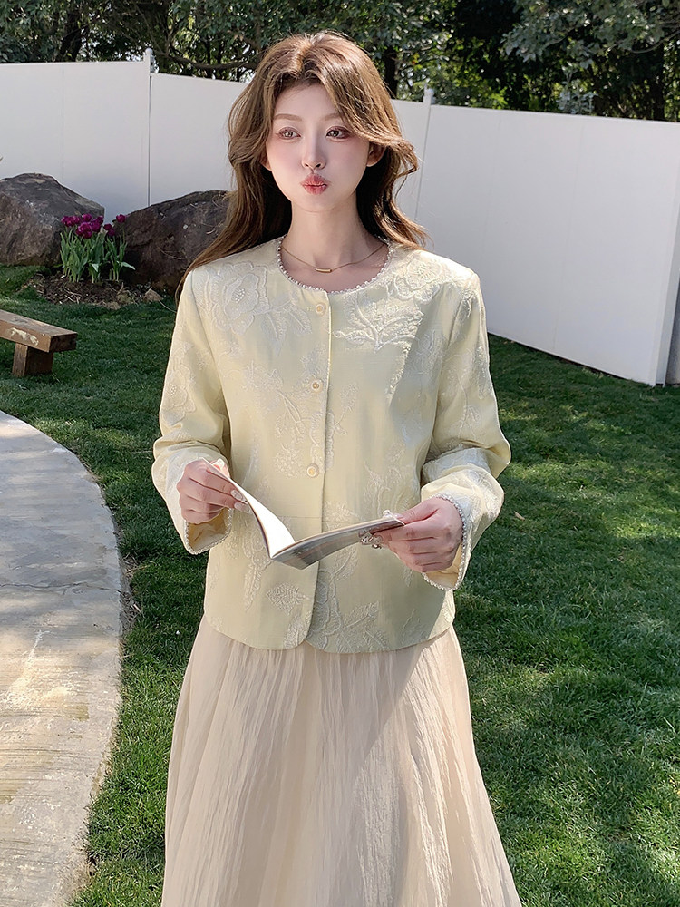 上亮片麻料重工外套春季中国甜美宽松单件短款圆领单排扣2025,女装短外套,浙宝208A