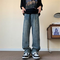 夏季新款设计感微喇宽松直筒长裤美式高街牛仔裤男现货K8091-P45，男装牛仔裤，星座512-3
