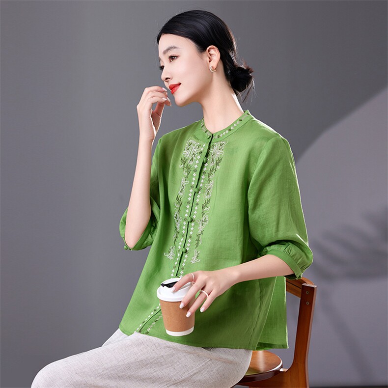 时尚刺绣苎麻衬衫女2025年夏季新款宽松大码中年妈妈减龄薄款上衣，女装衬衫，靓衣阁