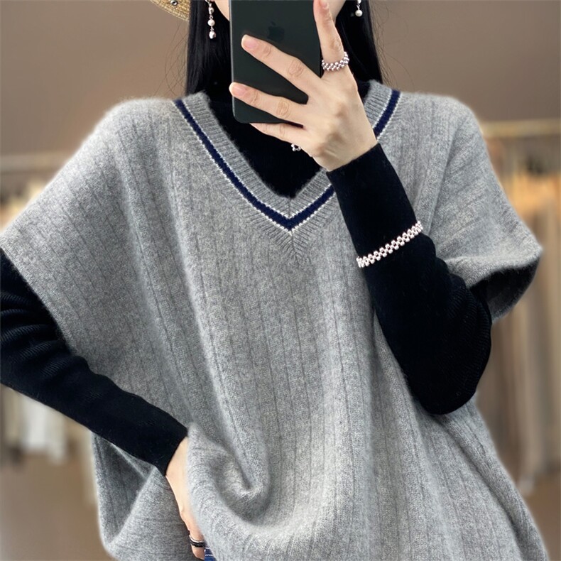 100%羊毛衫马甲背心女秋冬新款V领宽松拼色无袖毛衣羊绒针织坎肩,女装马甲,琳华羊绒
