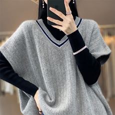 100%羊毛衫马甲背心女秋冬新款V领宽松拼色无袖毛衣羊绒针织坎肩，女装马甲，琳华羊绒