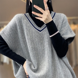 100%羊毛衫马甲背心女秋冬新款V领宽松拼色无袖毛衣羊绒针织坎肩图片